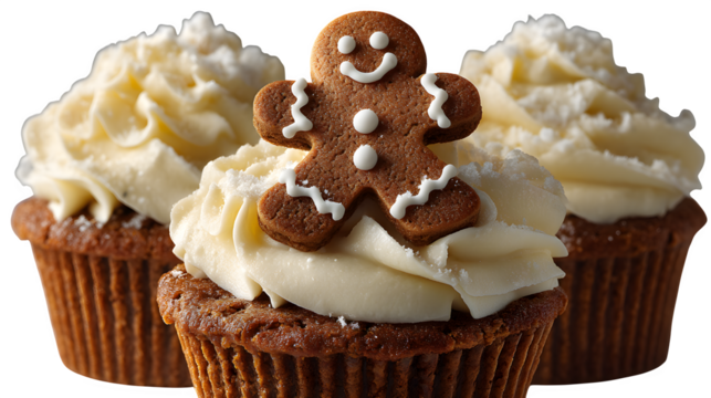 Gingerbread Cupcakes with Frosting isolated on white background
