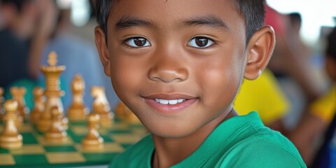 A young boy is smiling and looking at the camera. He is wearing a green shirt and is sitting in front of a chess board
