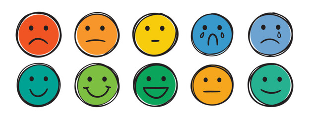 Fototapeta premium outline face different mood sad to happy several stages doodle hand drawn icon. colorful cartoon line drawing clipart symbol