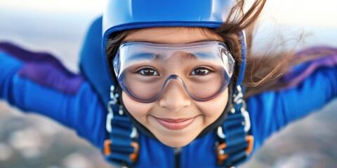 A young girl wearing a blue jumpsuit and goggles is smiling as she looks down at the camera