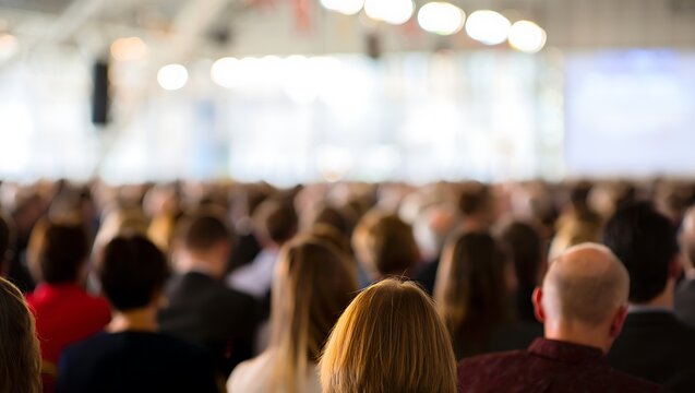 Large group of people attending conference from back view audience gathering - Powered by Adobe