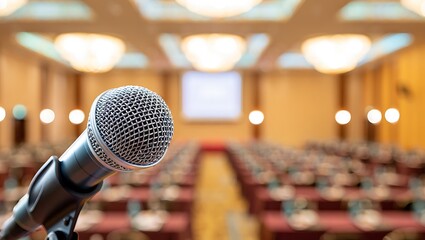 Microphone on stage in conference room ready for presentation event