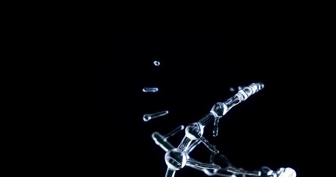 Animated Molecular Helix Made of Glass Molecules with a Light Blue Glow, Appearing and Rotating on a Black Background.