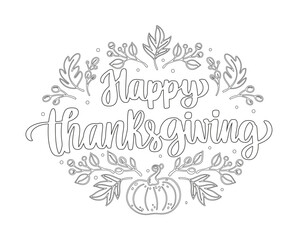 Happy thanksgiving coloring image, happy thanksgiving drawing color page, thanksgiving wishes black an white coloring vector, thanksgiving coloring page design