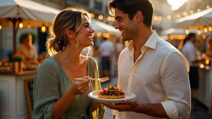 Lively scene of a happy young couple on a romantic date, laughing and sharing food at a vibrant outdoor market festival during a beautiful sunset. - Powered by Adobe