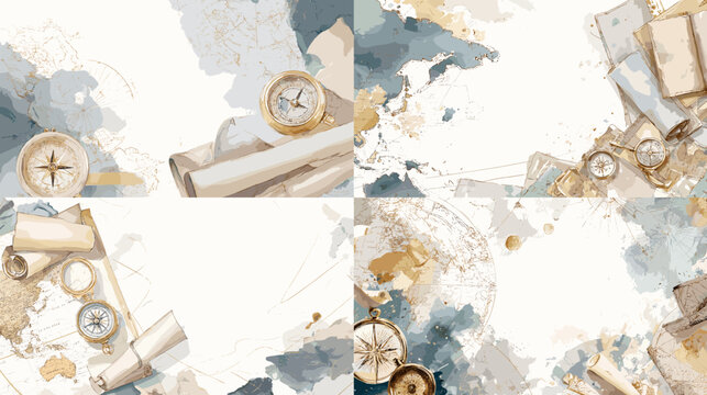 Watercolor illustration of vintage compass scrolls maps and nautical elements with artistic textures. Ideal for travel themes adventure backgrounds exploration design and historical projects.