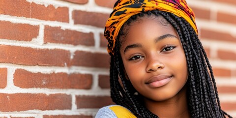 A young girl with dreadlocks is smiling at the camera. She is wearing a colorful scarf around her head
