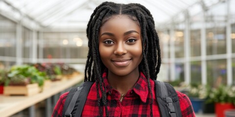 A young woman with dreadlocks is smiling at the camera. She is wearing a red plaid shirt and a black backpack. The scene takes place in a greenhouse, with several potted plants surrounding her