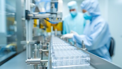 Pharmaceutical Manufacturing Facility with Automated Process and Workers in Cleanroom Suits