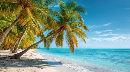 Fototapeta premium A serene tropical beach features tall palm trees gently swaying under the bright sun. The calm turquoise water reflects a clear blue sky, creating a peaceful atmosphere perfect for relaxation.