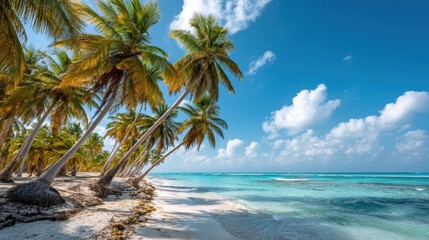 Palm trees line a serene beach, their fronds dancing in a light breeze. Clear turquoise waters lap at the shore while white clouds drift across a bright blue sky.
