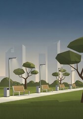 Stylized city park illustration with benches, trees and modern streetlights