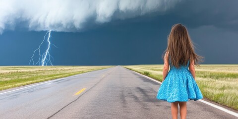 A young girl is walking down a road in front of a storm. The storm is in the background and the girl is wearing a blue dress