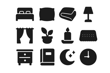 Sleep Sanctuary Icons. Sleep sanctuary. Solid icon set of Sleep sanctuary: bed, pillow, blanket, lamp, curtain, plant, candle, rug, nightstand, book, moon,