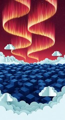 Surreal Cubic Landscape with Northern Lights and Paper Clouds concept