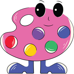 Pink artist paint palette character with colorful paint blobs smiling eyes and blue shoes against a transparent background