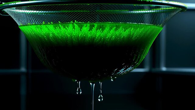 A microalgae harvesting net, glowing with vibrant green biomass, is lifted from water, showcasing a sustainable process for future food and biotechnology.