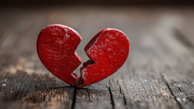 A small red wooden heart, cracked down the center, stands on a rustic wooden table, symbolizing heartbreak and the emotions tied to lost love during difficult times. - Powered by Adobe