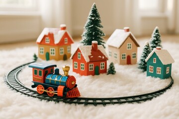 Christmas village toy train set in snowy scene

