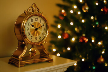 Classic golden clock showing nearly midnight with a glowing Christmas tree in the background, symbolizing holiday season and New Year countdown.
