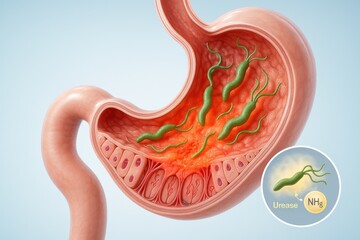 Detailed medical illustration showing Helicobacter pylori inside the stomach, highlighting infection, urease activity, and irritation of the gastric lining. 