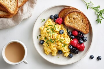 Healthy festive brunch with scrambled eggs and berries
