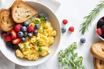 Bright bowl of fluffy scrambled eggs served with toast and fresh mixed berries, creating a balanced and colorful morning meal.
