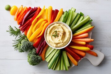 Festive Christmas tree–shaped arrangement of colorful fresh vegetables served with creamy hummus, creating a bright and healthy holiday snack.

