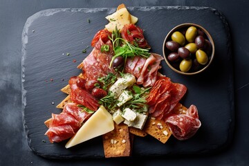 Holiday-themed charcuterie spread shaped like a Christmas tree, featuring assorted cured meats, cheeses, crackers, herbs, and a bowl of olives.
