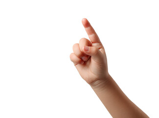 Close-up of a child's hand pointing.  A small hand, light-skinned, extends upward, index finger pointed.  Softly lit against a black background