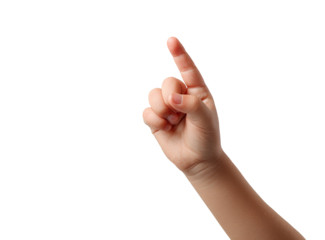 Close-up of a child's hand pointing.  A small hand, light-skinned, extends upward, index finger pointed.  Softly lit against a black background