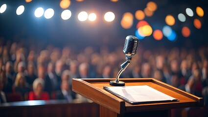 Vintage microphone on stage with auditorium full of people waiting speech