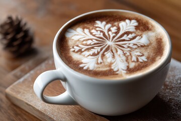 Close-up of a warm cup of coffee topped with intricate snowflake latte art, creating a cozy and festive winter holiday atmosphere.

