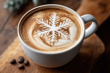 Warm cup of coffee topped with detailed snowflake latte art, creating a cozy and festive winter atmosphere.
