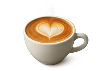 Cup of hot cappuccino with a heart shape latte art design, steaming coffee beverage on transparent background