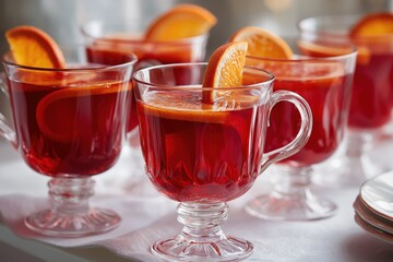 Clear glass cups filled with bright red holiday punch, each garnished with a slice of fresh orange, creating a cheerful seasonal party drink.
