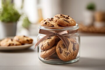 Cozy kitchen scene featuring a clear glass jar filled with freshly baked chocolate chip cookies tied with a ribbon, with more cookies on a plate behind.

