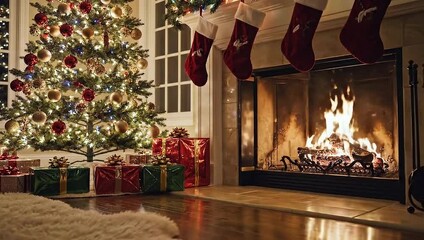 Cozy glowing fireplace enhances Christmas tree with gifts anticipation