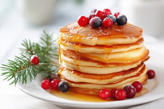 Christmas pancakes with berries and maple syrup
 - Powered by Adobe