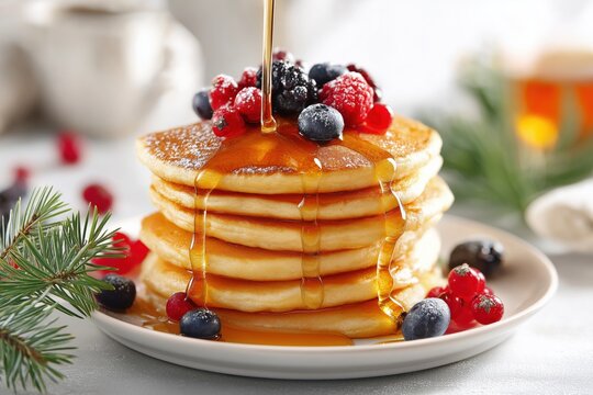 Festive stack of fluffy pancakes topped with winter berries and drizzled with maple syrup, decorated with pine branches for a Christmas breakfast.
