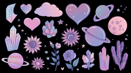 pastel goth dreamy elements on black background with soft romantic aesthetic