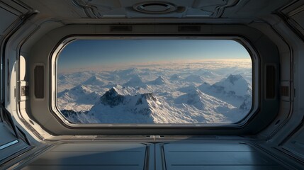 luxury spaceship cabin window view of distant planet in deep space