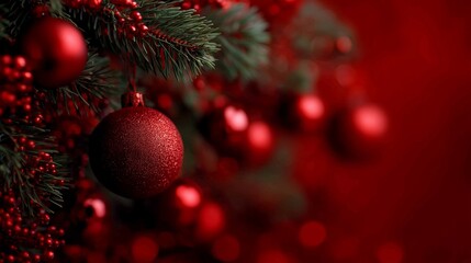 christmas tree decorated with red ornaments on vibrant red background