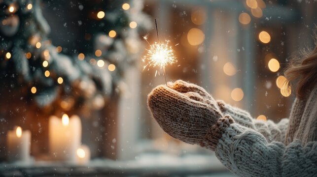 child hand with glowing sparkler by festive wreath in snowfall