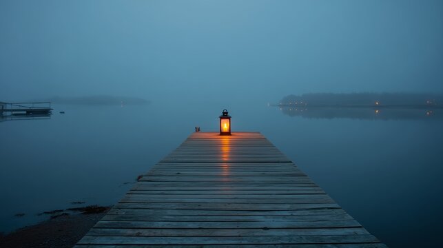 foggy dusk harbor with wooden dock and warm lantern in calm soft light - Powered by Adobe