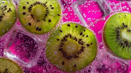 fresh kiwi slices and ice in sparkling pink soda close-up vibrant detail