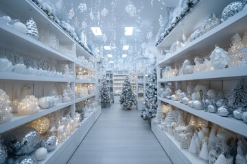 Store interior full of sparkling festive items and artificial Christmas trees