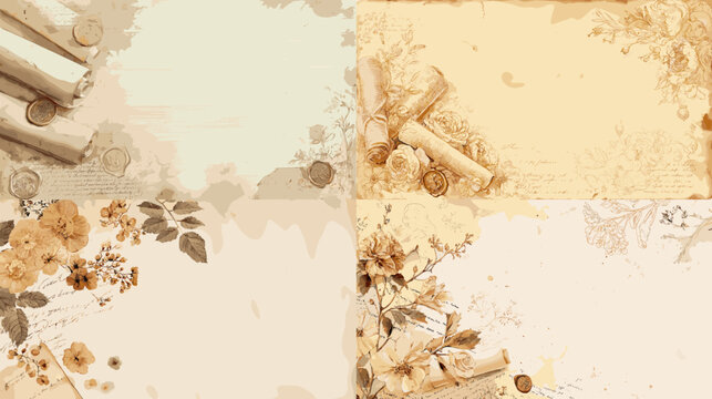 Soft vintage illustration of floral paper backgrounds with aged textures scrolls leaves and warm earthy tones. Ideal for invitations scrapbooking journaling antique themes and decorative design.