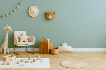 Minimalist Kids Room Interior with Neutral Decor and Blank Wall