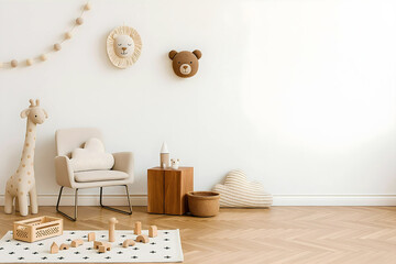 Minimalist Kids Room Interior with Neutral Decor and Blank Wall